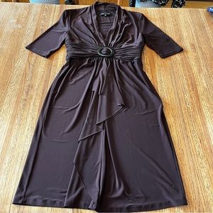 Jones New York Womens Size 8 A-Line 3/4 Sleeve Faux Wrap Midi Brown Dress